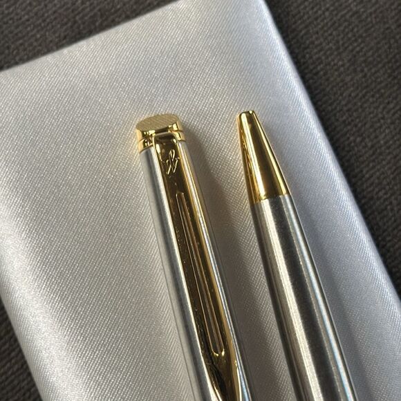 Waterman Stainless Steel Ball Point Pen & Pencil Set Silver Gold Trim Medium NEW - Picture 7 of 14